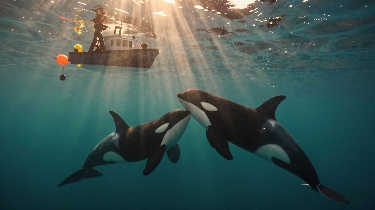 Duas orcas a nadar sob a água com raios de sol e um barco na superfície acima delas.