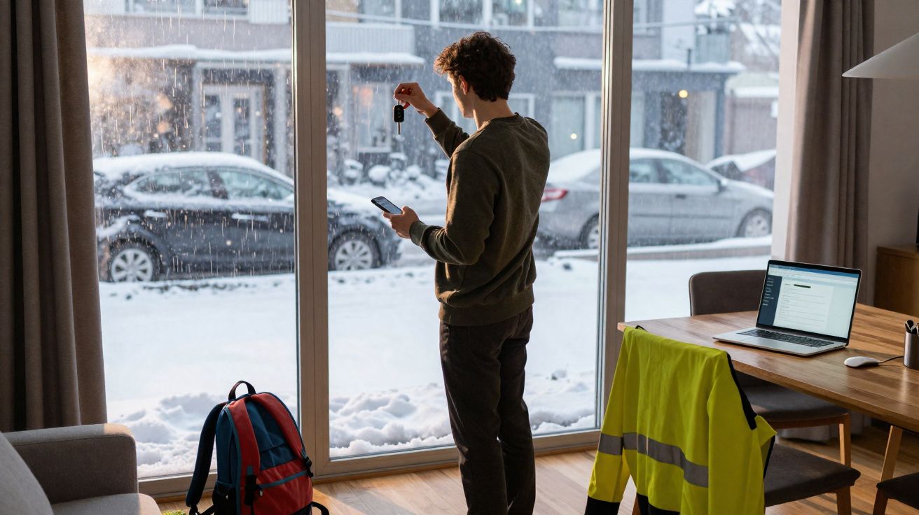 Homem de pé junto a janela a olhar para o telemóvel, segurando chaves, com neve na rua ao fundo.