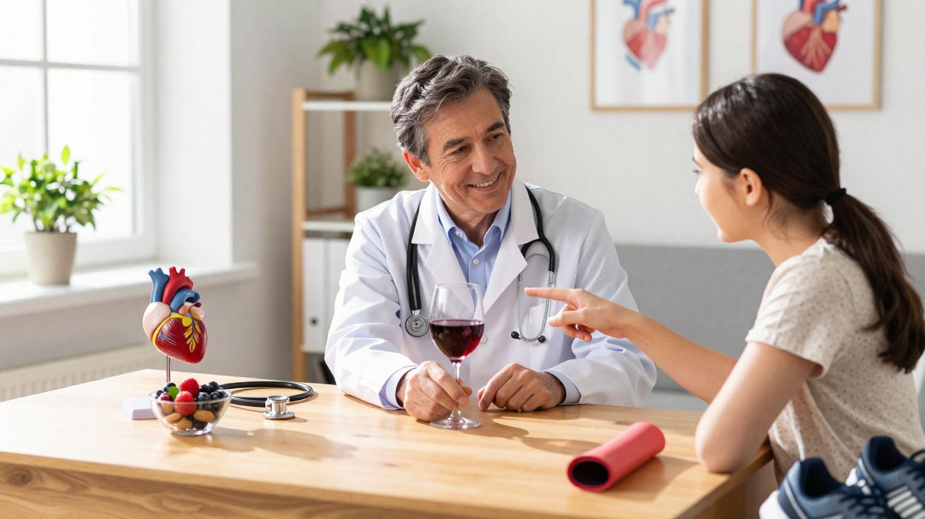 Médico sorri enquanto mulher aponta para um copo de vinho tinto durante consulta num consultório.