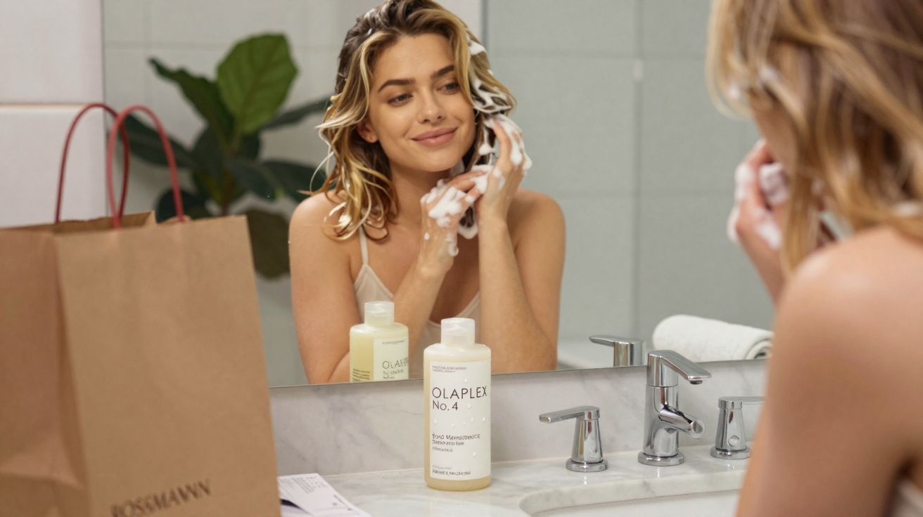 Mulher aplica espuma no cabelo enquanto se olha ao espelho numa casa de banho moderna.