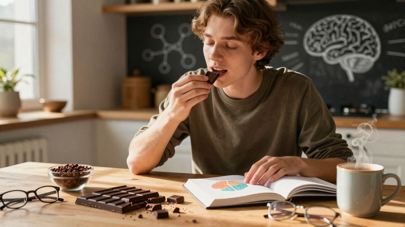 Jovem a comer chocolate enquanto estuda o cérebro num livro, numa cozinha iluminada e acolhedora.