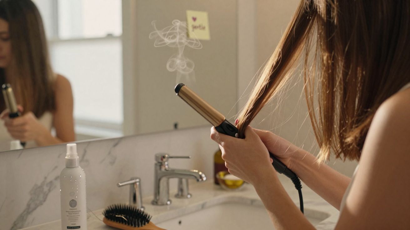 Mulher alisando o cabelo com um alisador dourado numa casa de banho com espelho e pia em mármore.
