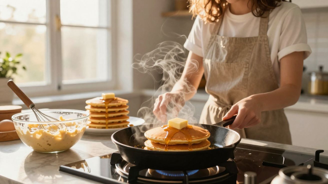 Pessoa a cozinhar panquecas com manteiga e xarope numa frigideira numa cozinha iluminada.