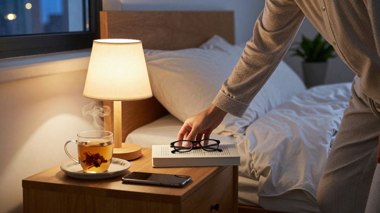 Pessoa de pijama pousa óculos sobre livro numa mesa de cabeceira com chá quente e candeeiro aceso junto à cama arrumada.