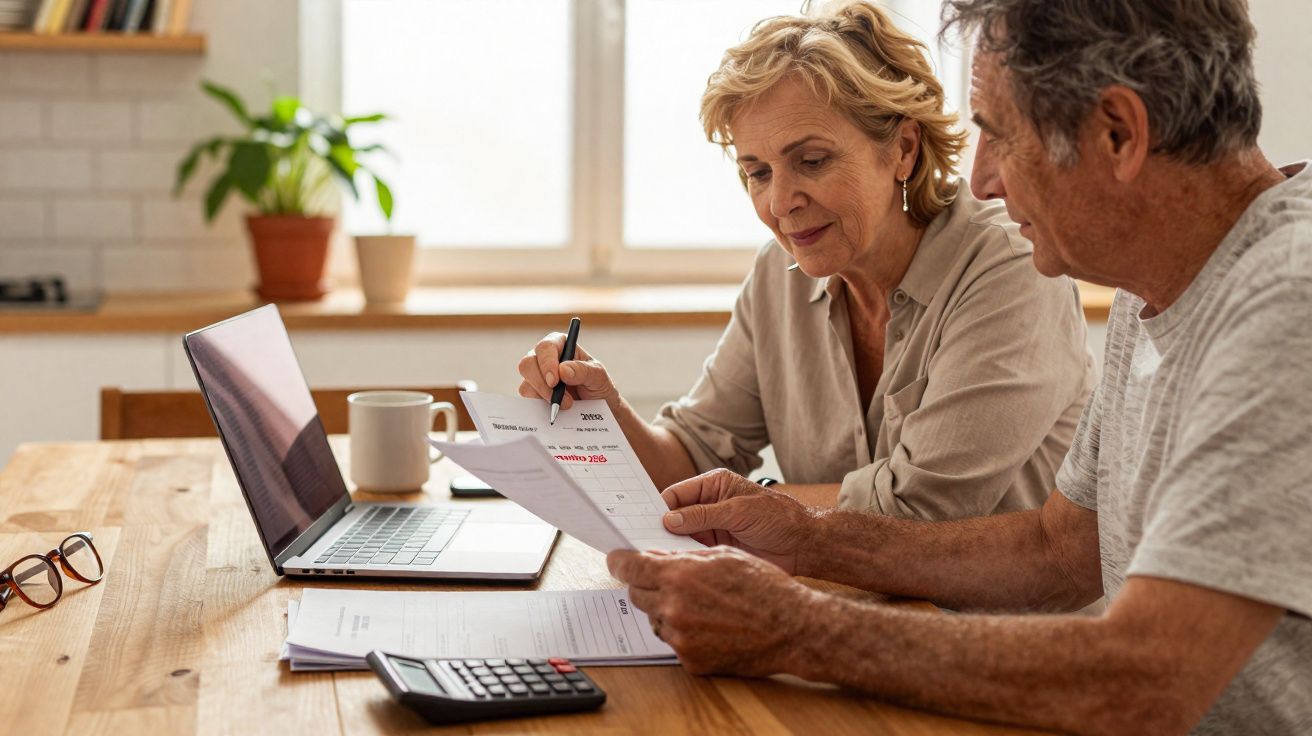 Casal sénior sentado à mesa a analisar documentos e contas com laptop e calculadora.