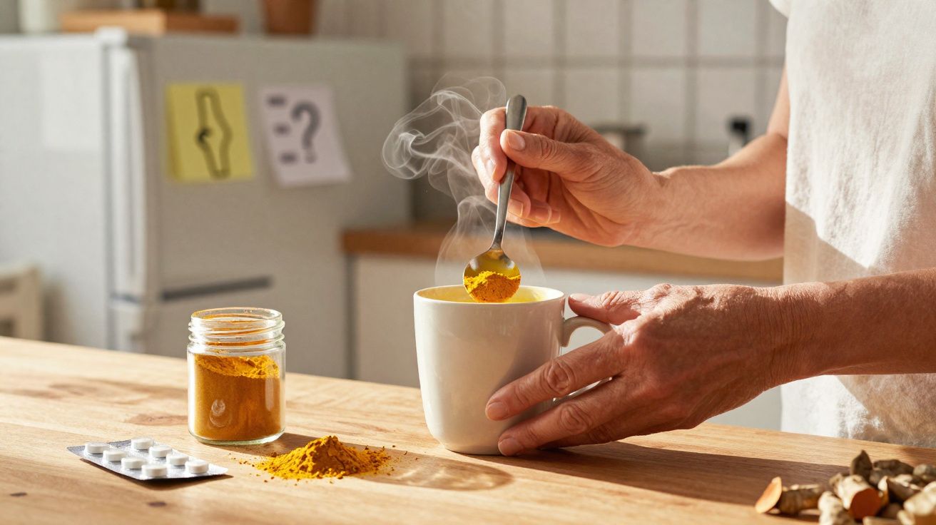 Pessoa a mexer uma bebida quente com cúrcuma em pó numa chávena numa cozinha iluminada.