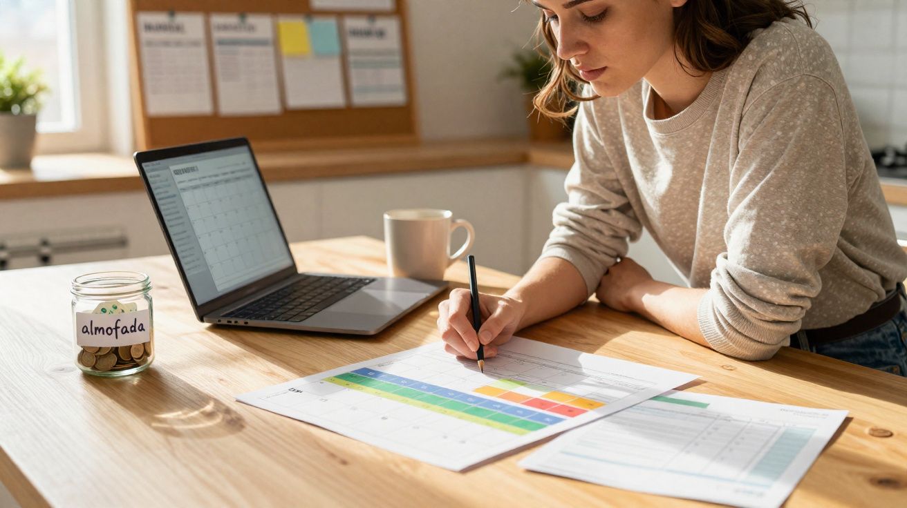 Mulher a planear orçamento mensal, com laptop, jarro de moedas etiquetado como almofada e documentos coloridos numa mesa.