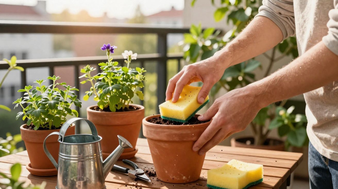 Pessoa a limpar vaso de barro com esponja numa varanda com plantas e regador em madeira.