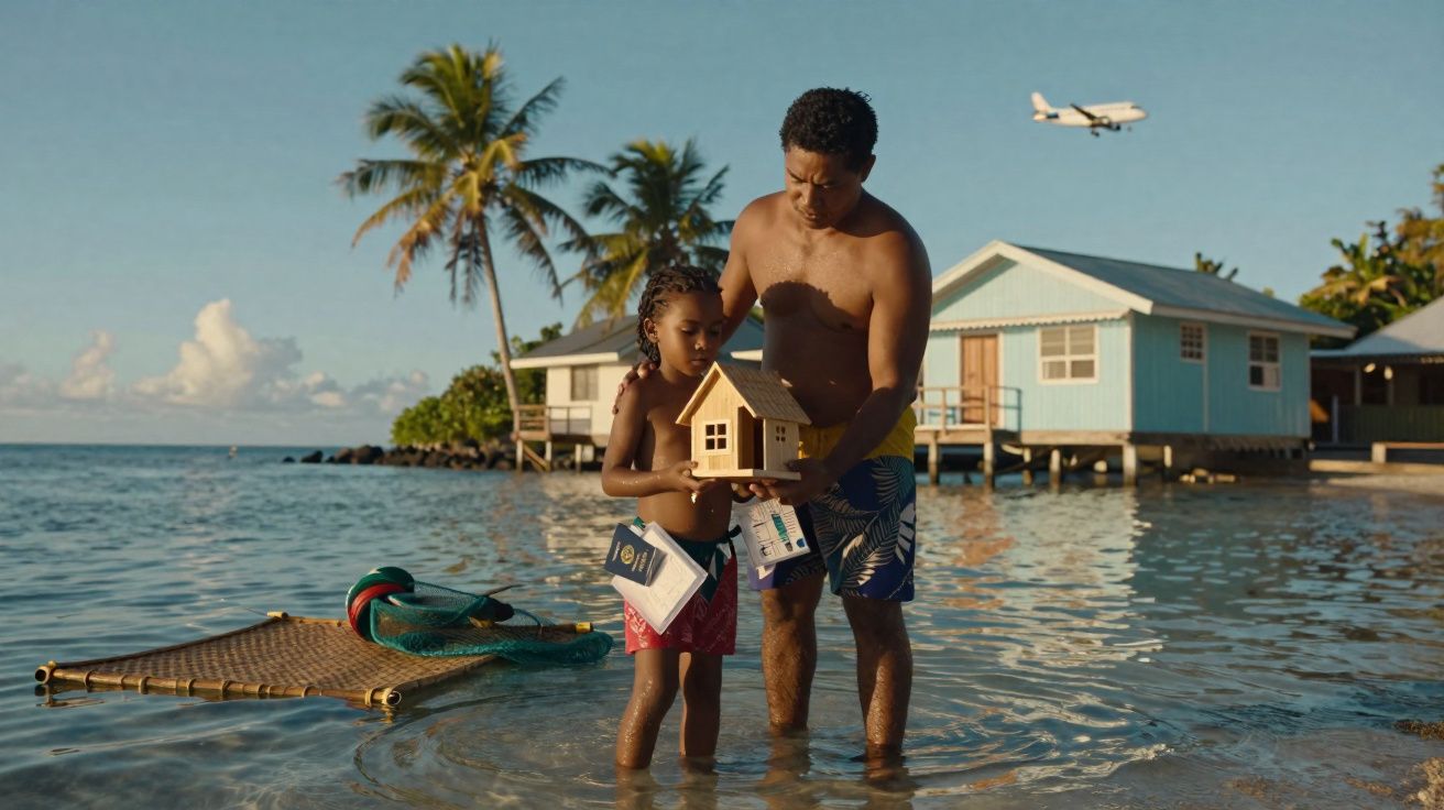 Homem e criança de pé na água seguram uma casa em miniatura com avião a voar ao fundo.