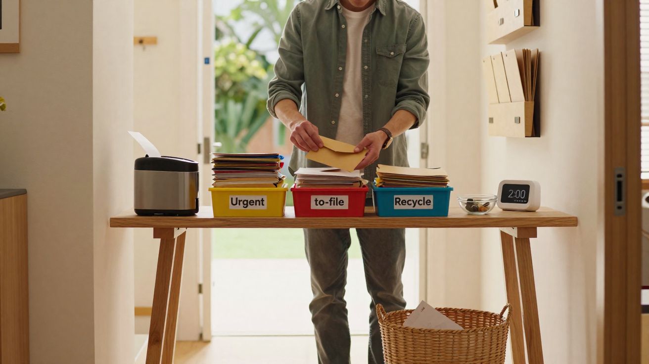 Pessoa a organizar papéis em caixas rotuladas Urgente, Para Arquivar e Reciclar sobre uma mesa de madeira.