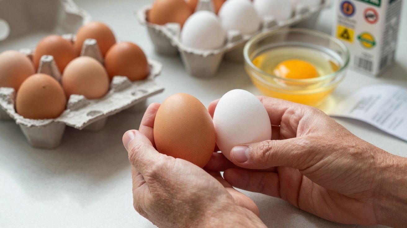 Mãos a segurar um ovo branco e um ovo castanho com várias caixas de ovos e um ovo partido num recipiente ao fundo.