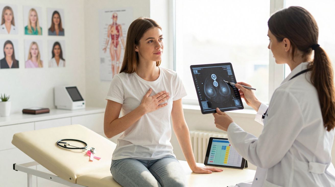 Mulher jovem em consulta médica enquanto médica mostra exame de mama num tablet digital.