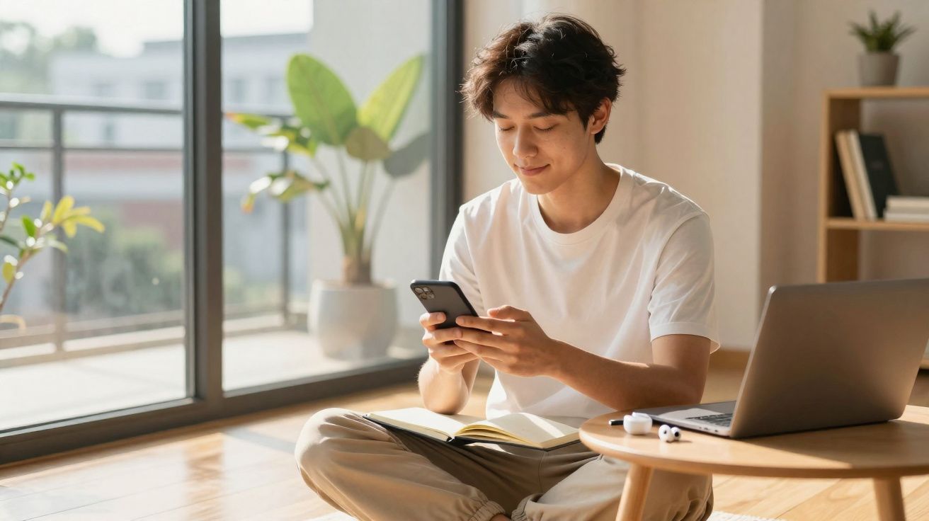 Jovem sentado no chão a usar telemóvel, com caderno aberto e computador portátil numa mesa baixa à frente.