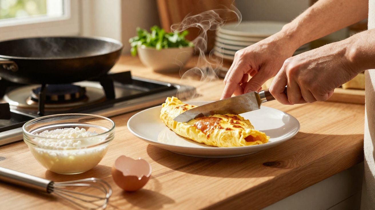 Mãos cortam uma omelete quente num prato branco sobre uma bancada de cozinha com ingredientes e fogão ao fundo.