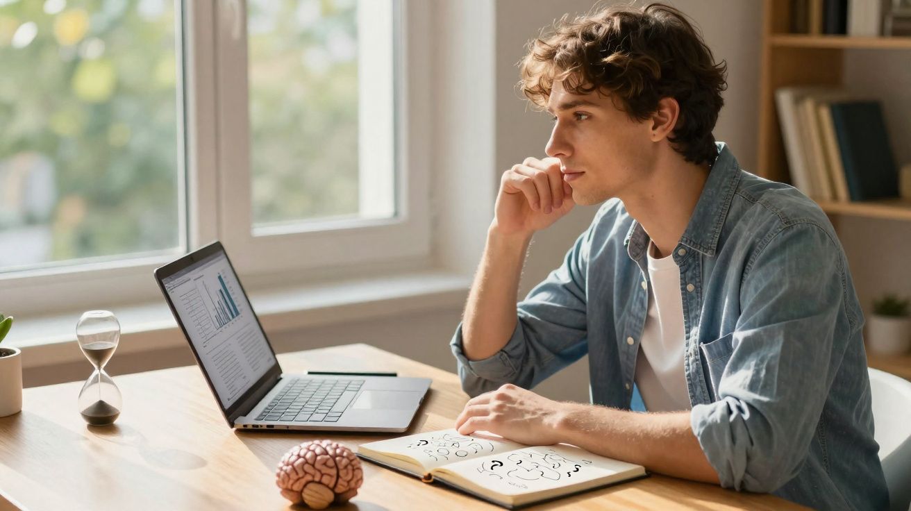 Jovem sentado à secretária a pensar, com caderno, modelo de cérebro, ampulheta e computador com gráfico aberto.