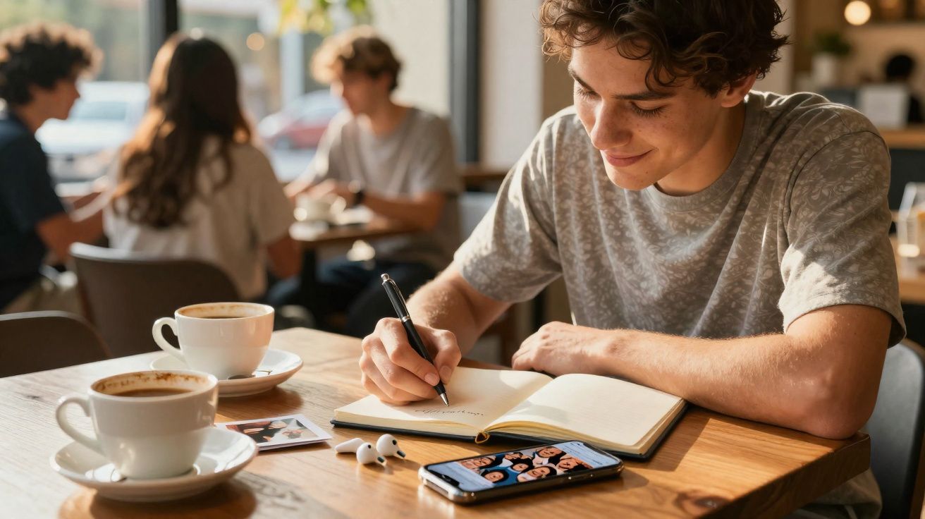 Jovem a escrever num caderno numa cafeteria com duas chávenas de café, fones e smartphone na mesa.