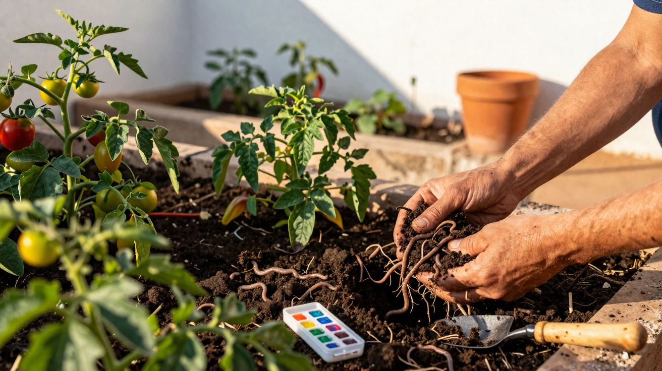 Mãos a mexer terra numa horta com minhocas e plantas de tomate com frutos verdes e vermelhos.
