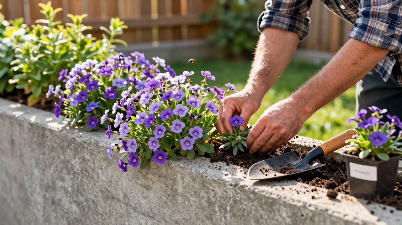 Pessoa a plantar flores roxas numa jardinheira de cimento num jardim ao ar livre.