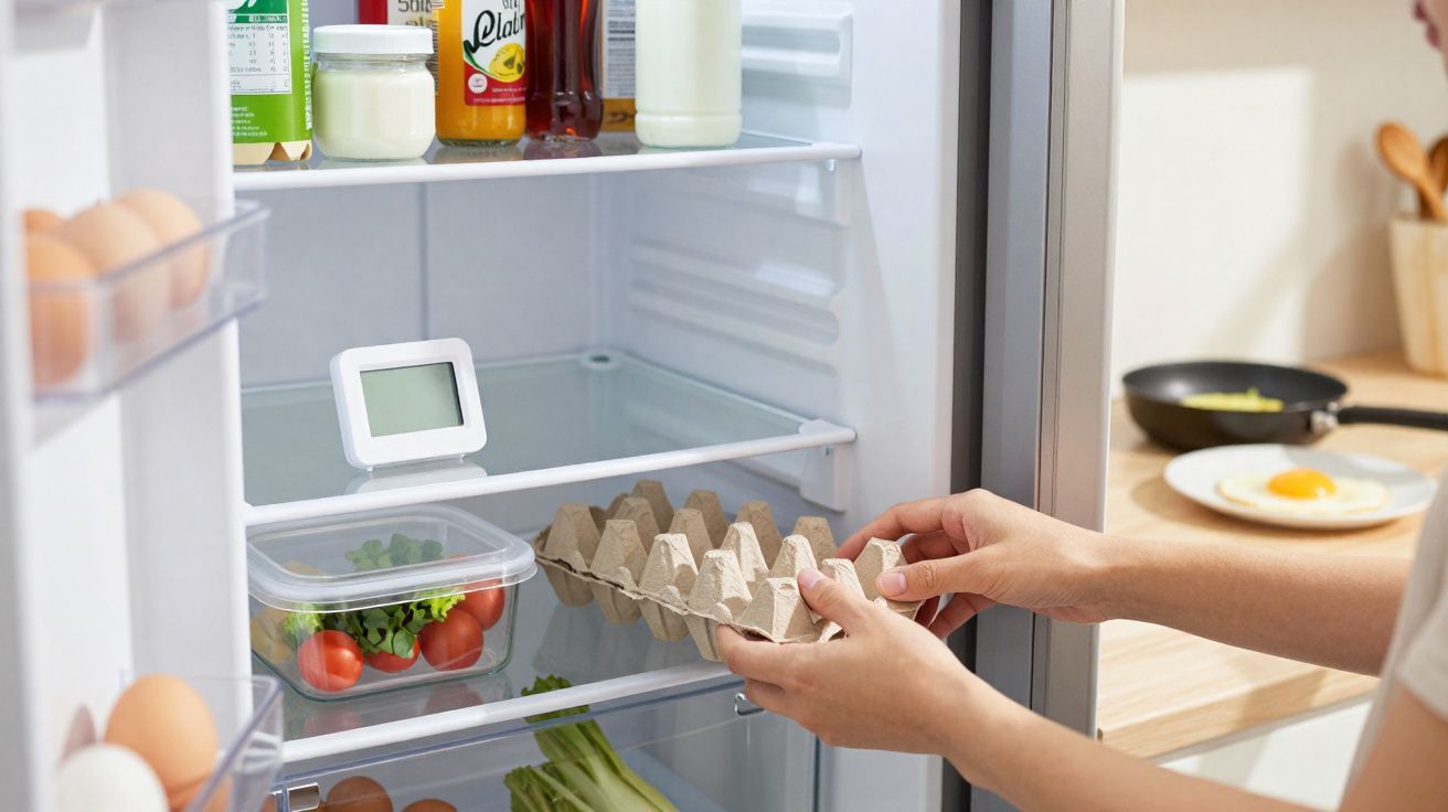 Pessoa a colocar embalagem de ovos no frigorífico organizado com legumes e garrafas.