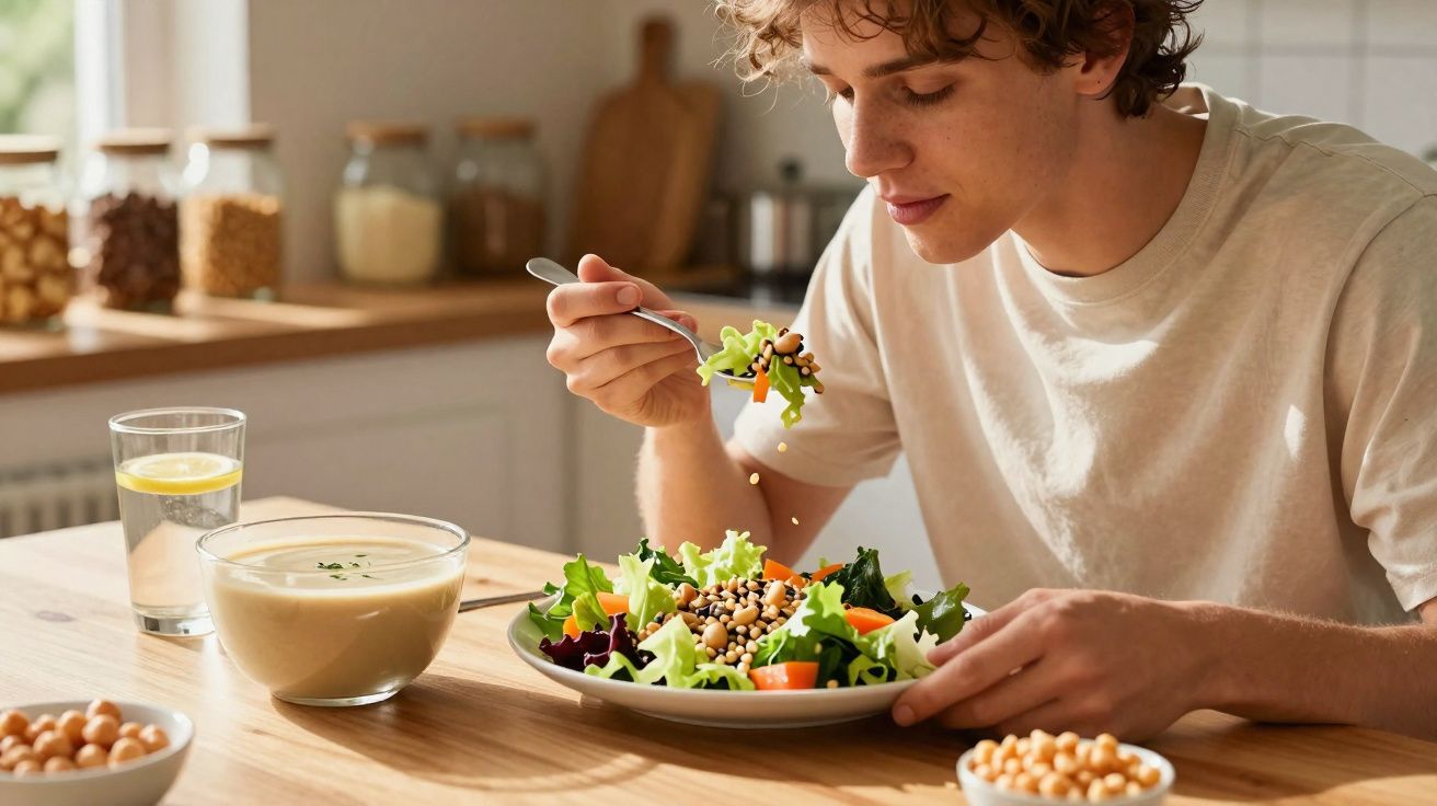 Jovem a saborear uma salada fresca com legumes e grãos numa cozinha luminosa.