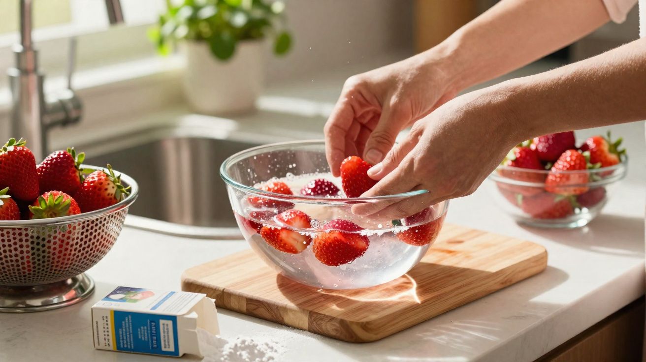 Mãos a lavar morangos numa tigela com água sobre uma tábua de cortar numa cozinha iluminada.
