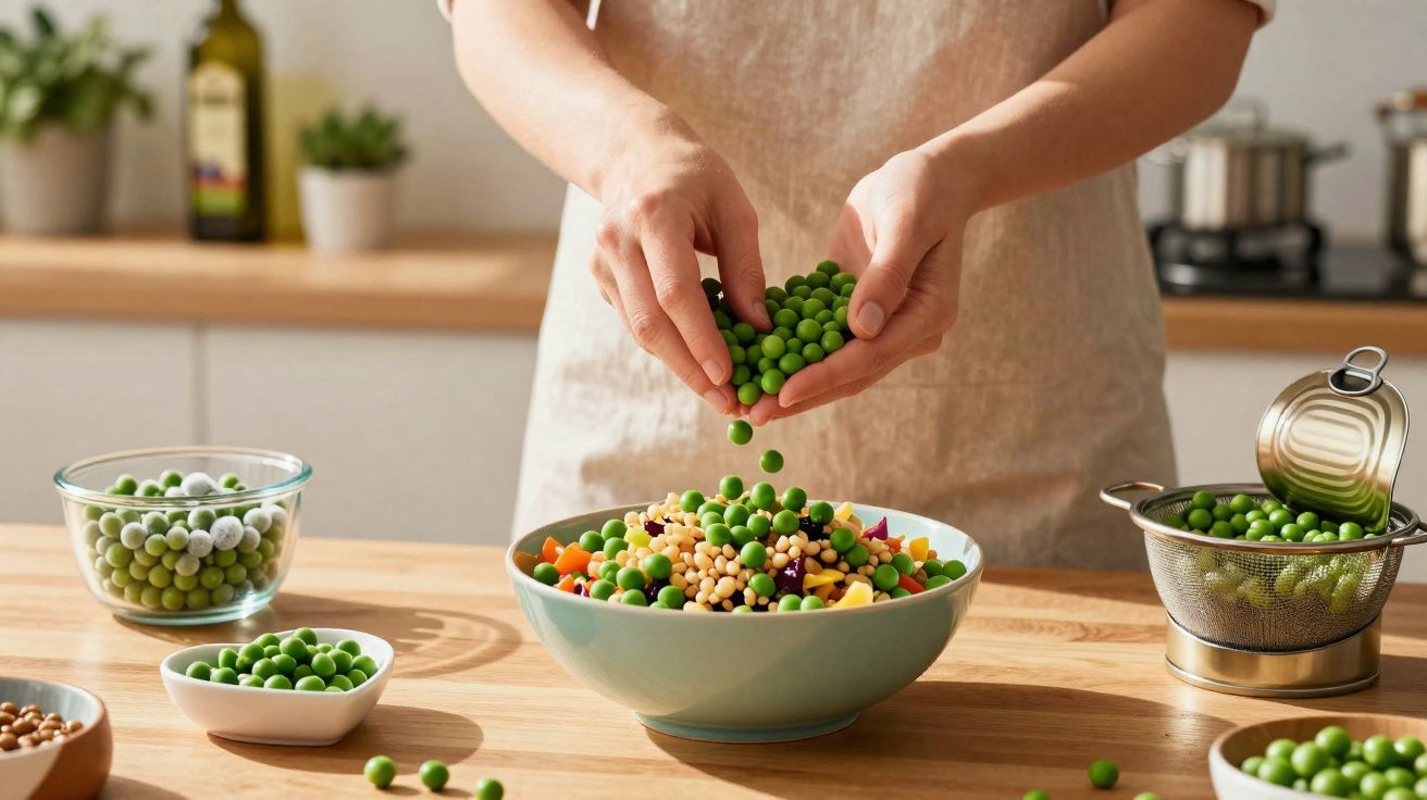 Pessoa a deitar ervilhas verdes numa tigela com salada colorida numa cozinha luminosa.