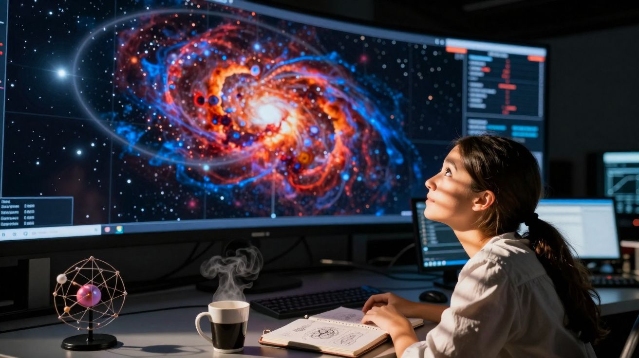 Mulher jovem olhando para ecrã com imagem de galáxia espiral e estudando com caderno aberto e café fumegante.