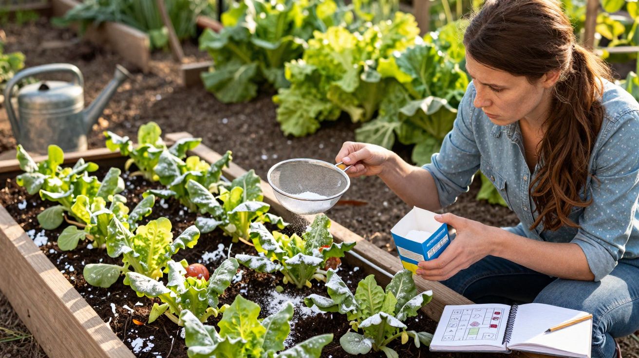 Mulher a polvilhar fertilizante em plantas verdes numa horta em área exterior ensolarada.