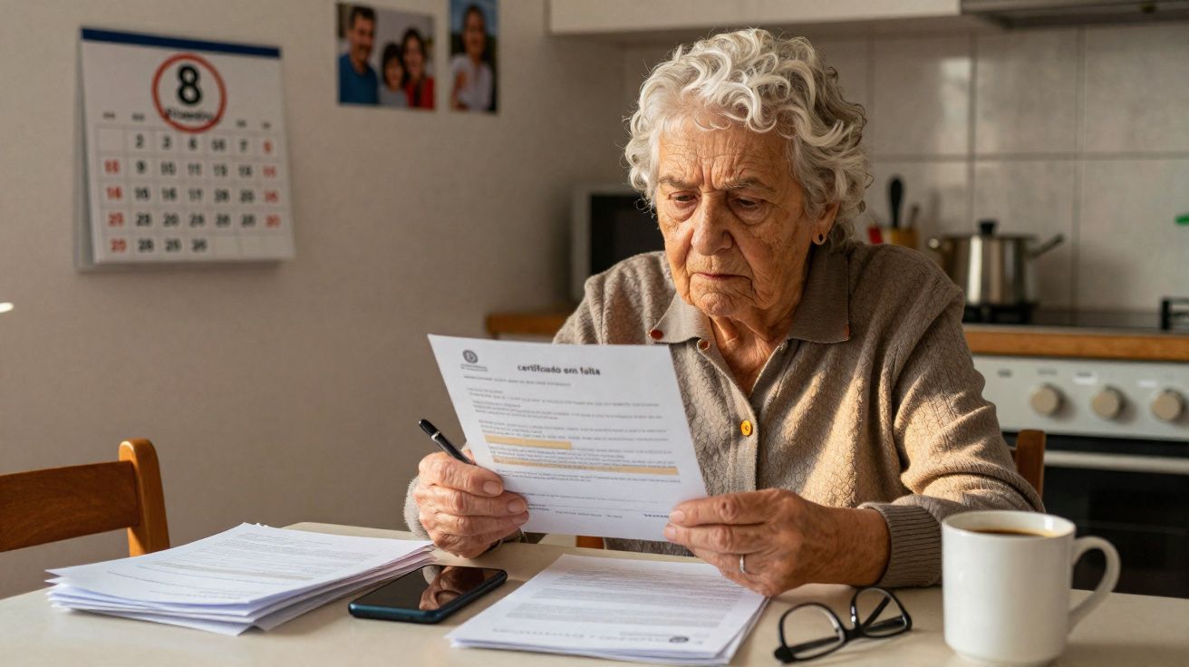 Senhora idosa analisa documentos sentada numa cozinha com calendário e fotografias na parede.