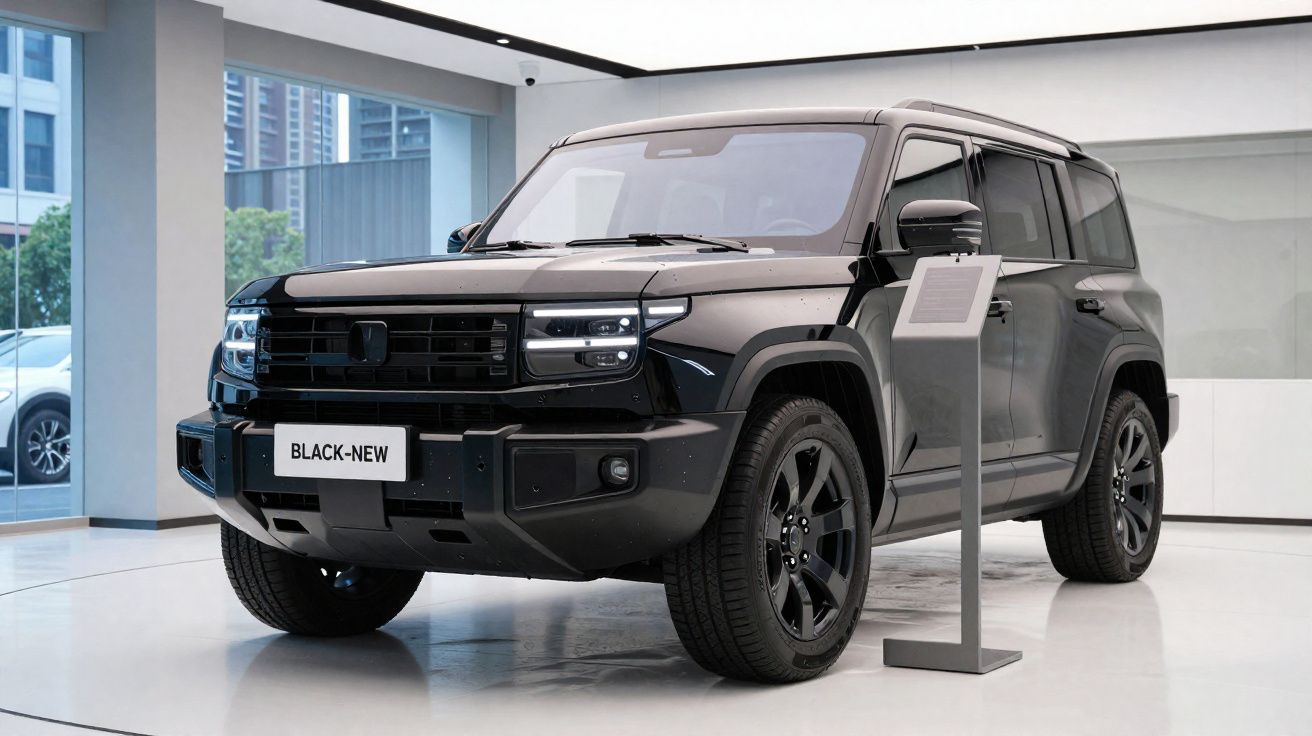 Carro SUV preto moderno exposto numa sala de showroom com iluminação natural e placa informativa.