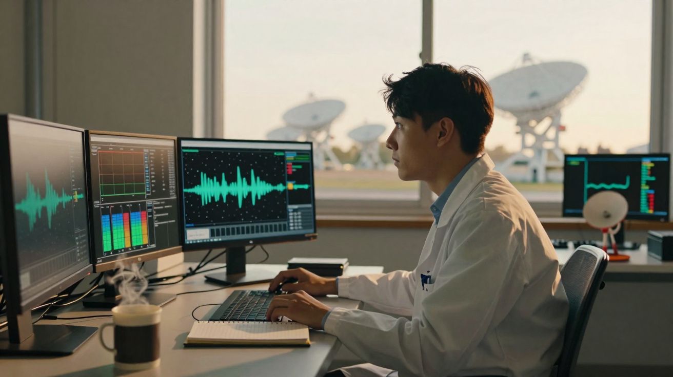 Técnico em laboratório a analisar ondas sonoras em múltiplos ecrãs com satélites ao fundo.