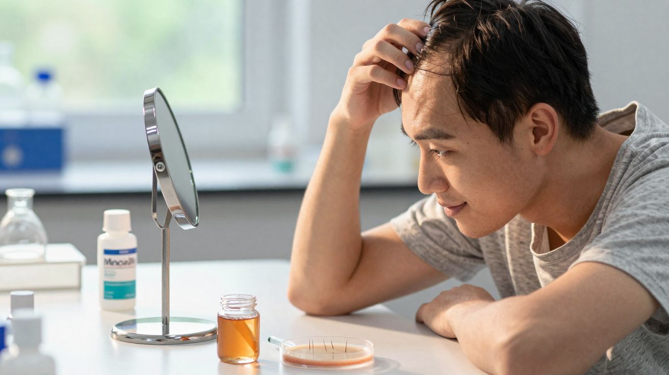 Homem asiático observa espelho e pote com líquido e amostras de cabelo sobre mesa, demonstrando cuidados capilares.