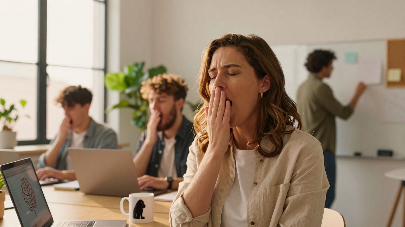 Mulher a bocejar com colegas terna ao fundo numa sala de trabalho com computadores.