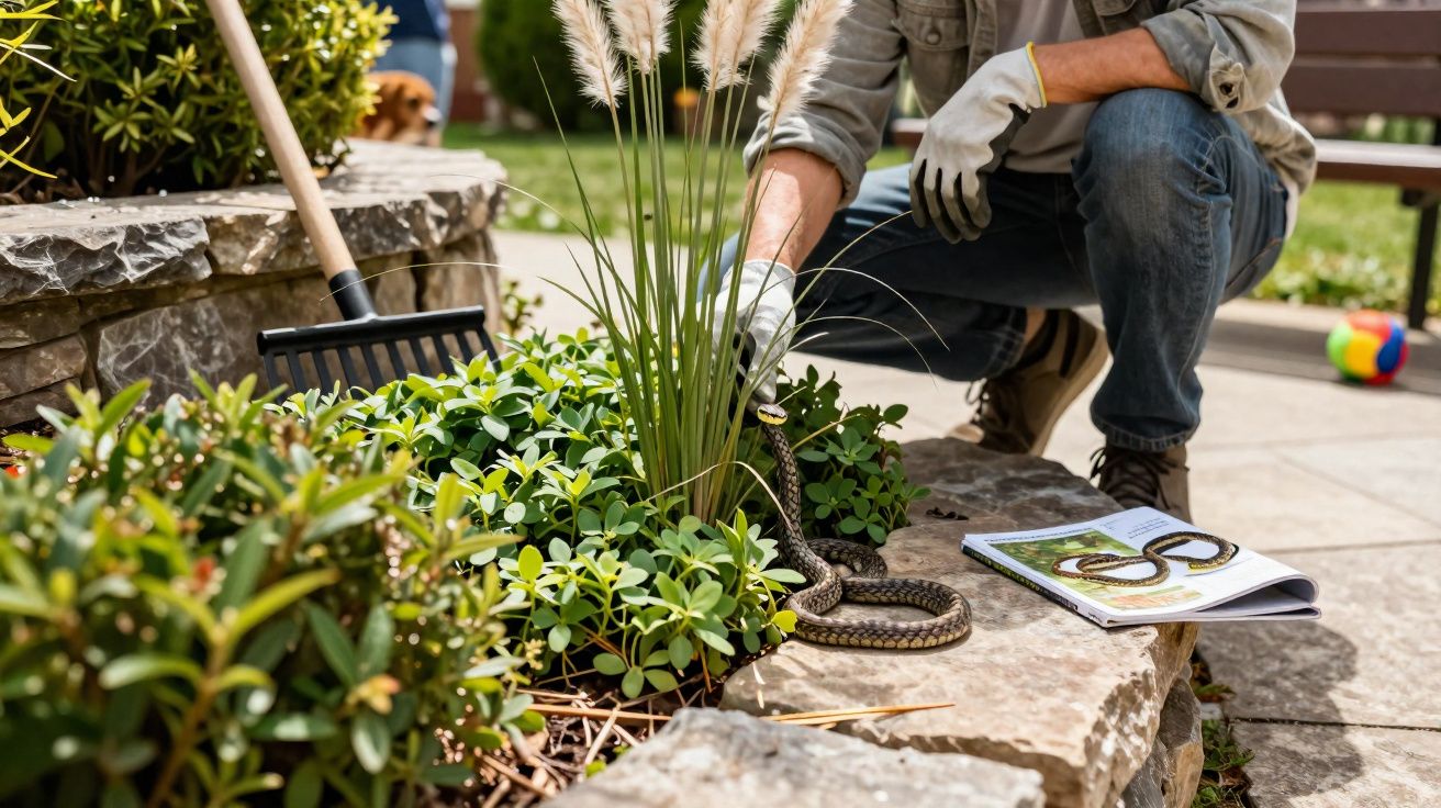 Pessoa a segurar uma cobra com luvas num jardim, com um livro aberto sobre cobras ao lado.
