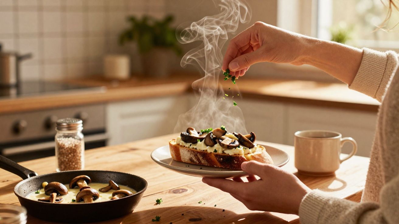 Mãos a polvilhar salsa num prato com torrada de cogumelos fumegante numa cozinha iluminada.