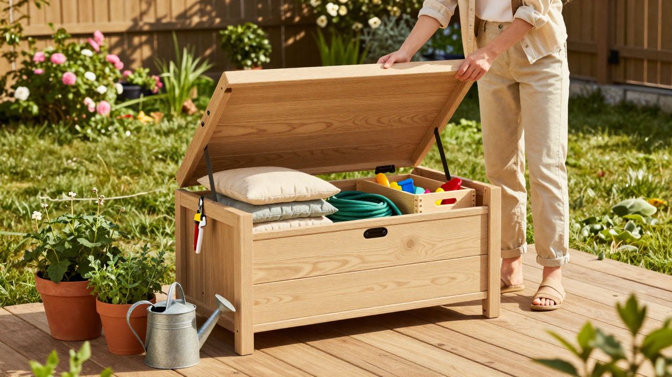 Caixa de arrumação em madeira aberta num jardim com almofadas, mangueira e brinquedos no seu interior.