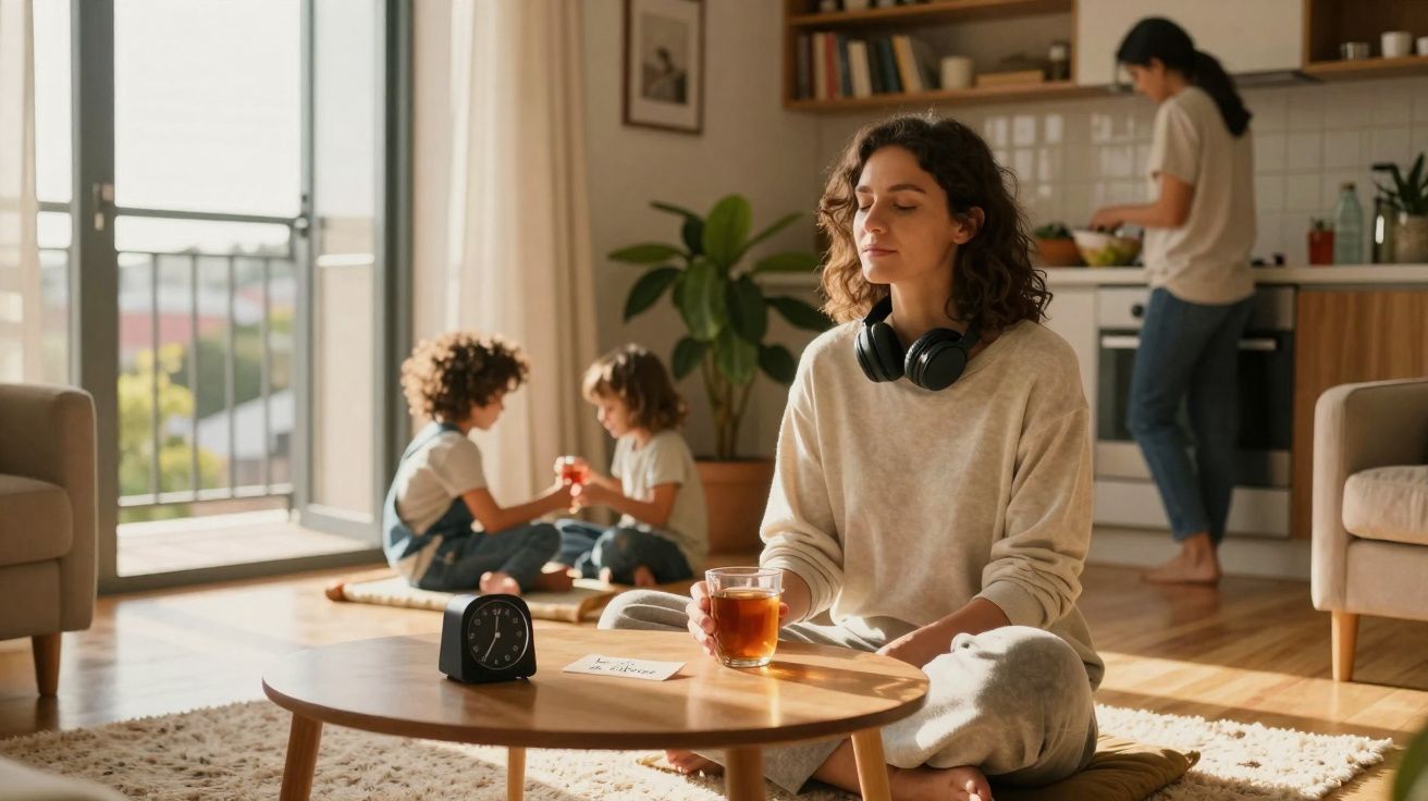 Mulher sentada a meditar com chá numa sala, crianças a brincar e outra pessoa na cozinha ao fundo.