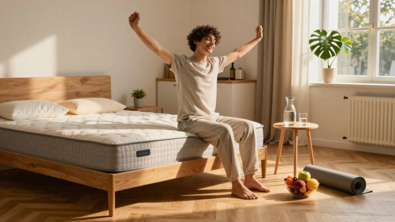 Homem sentado na cama espreguiçando-se num quarto iluminado com janela e elementos naturais.