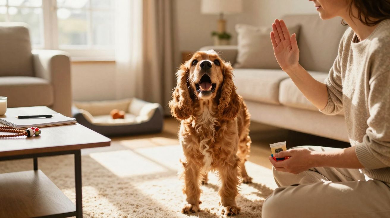 Mulher treina cão castanho dentro de casa iluminada e acolhedora, com mão erguida e petisco na outra mão.