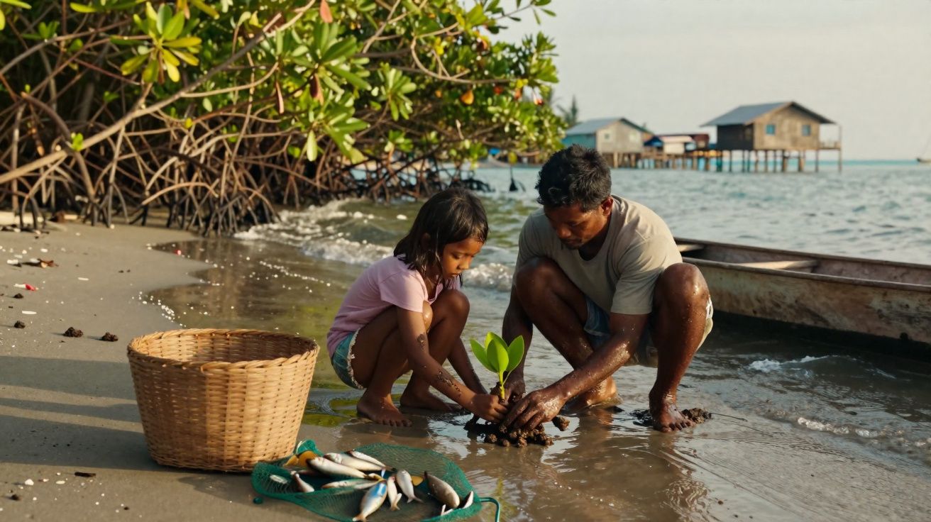 Homem e criança plantam muda de árvore na margem do rio junto a cesta, peixe e canoa ao pôr do sol.
