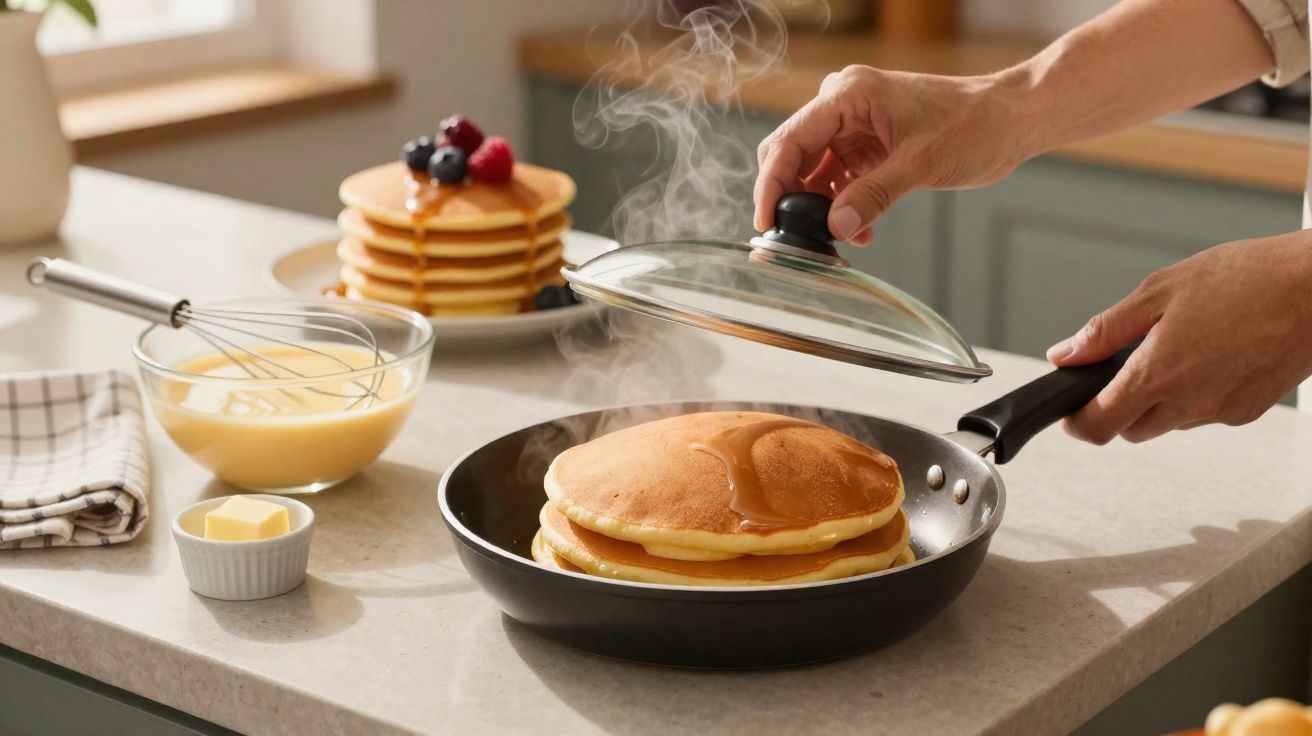 Mãos a levantar tampa de frigideira com panquecas quentes e fumo a sair, com tigela e pilha de panquecas ao fundo.