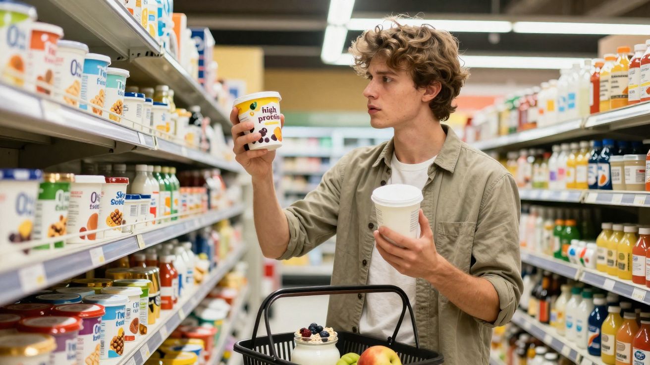 Jovem a escolher iogurte rico em proteína numa prateleira de supermercado, com carrinho de compras cheio.