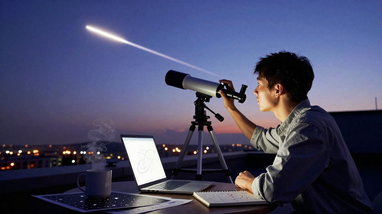 Homem observa o céu ao entardecer com telescópio, computador portátil e caderno numa varanda.