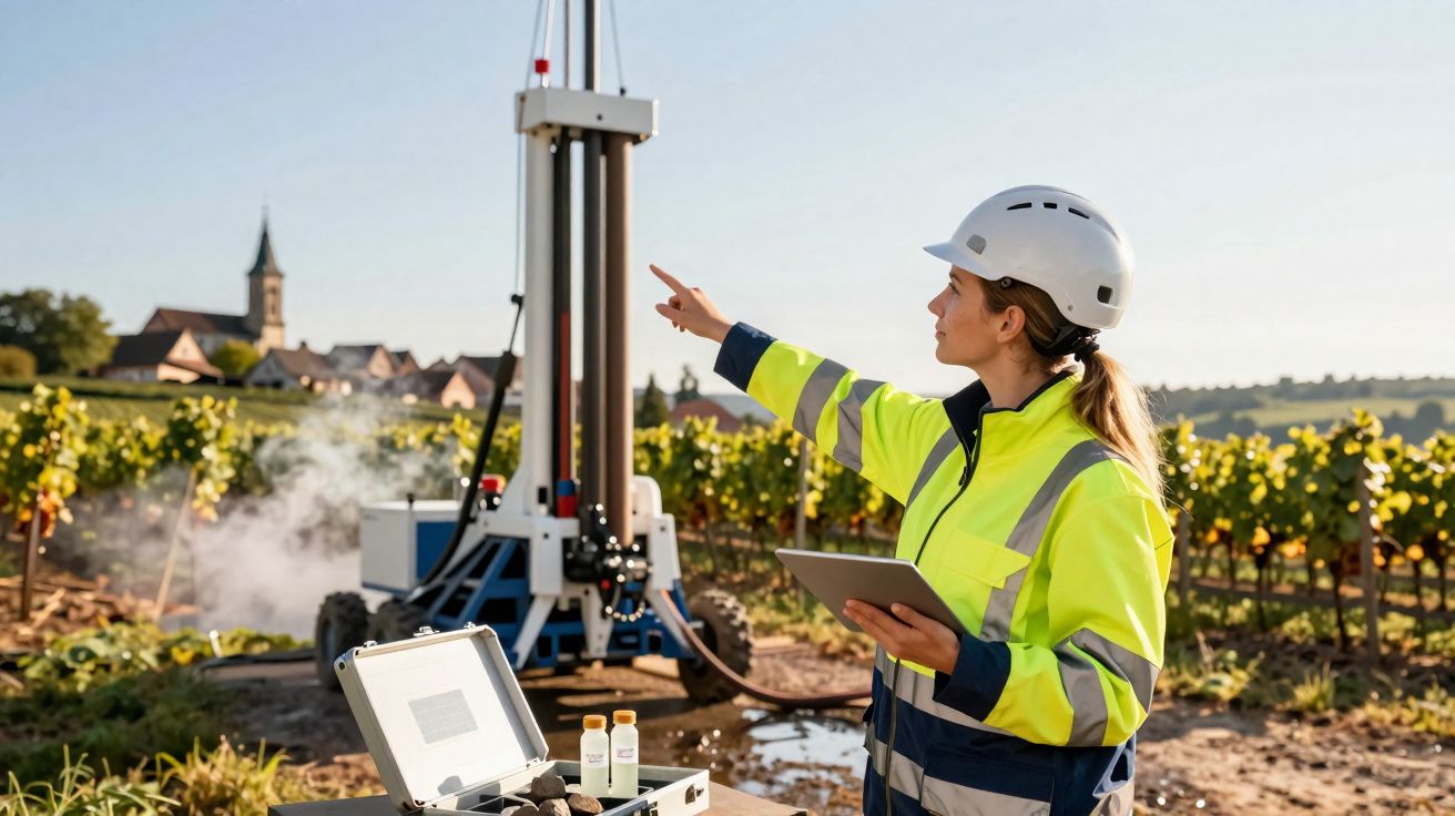 Engenheira em colete refletor e capacete aponta para máquina de perfuração numa vinha ao ar livre.