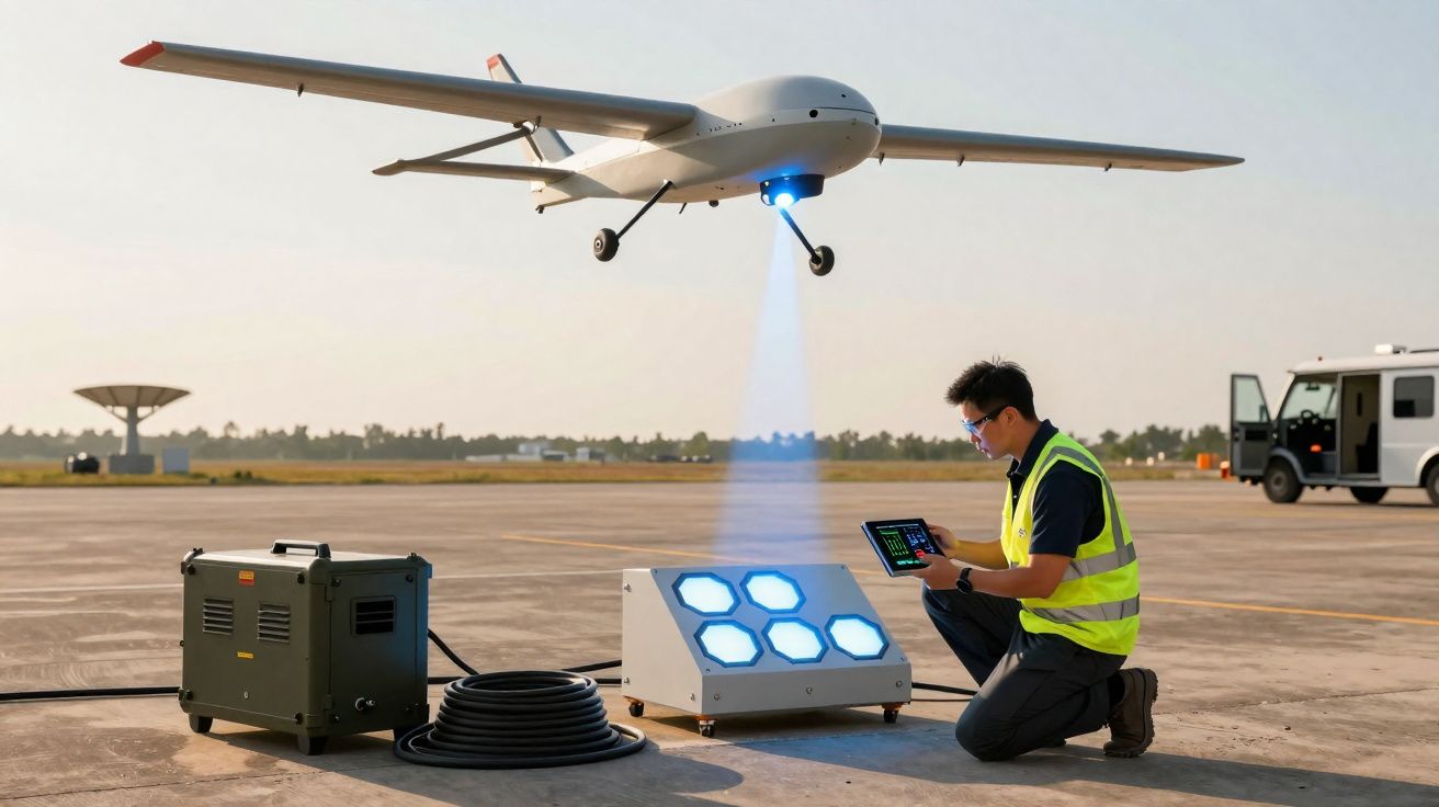 Drone a sobrevoar uma pista, iluminado por luz azul, com técnico a operar equipamento no chão.