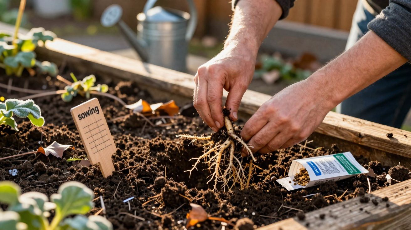 Mãos a plantar sementes numa cama de jardim, com placa de sementeira e pacotes de sementes ao lado.