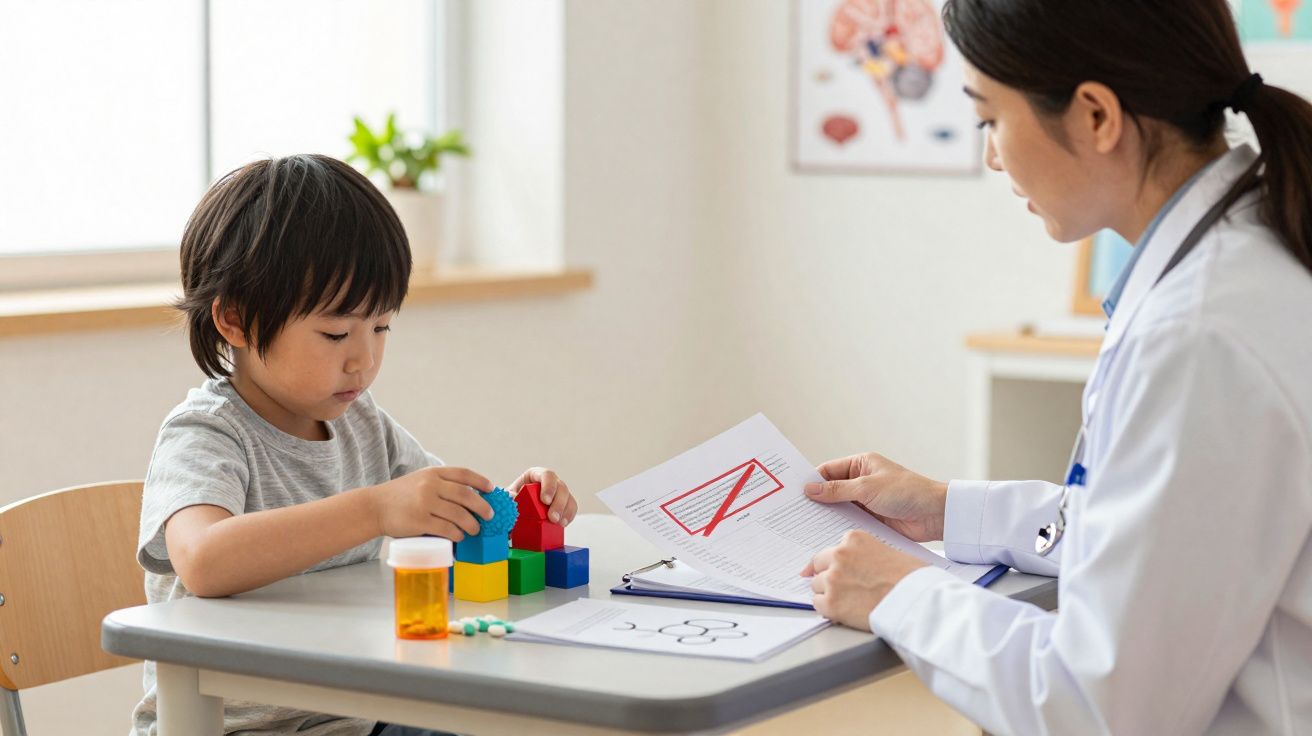 Criança a brincar com blocos coloridos enquanto consulta médica analisa relatórios numa clínica.