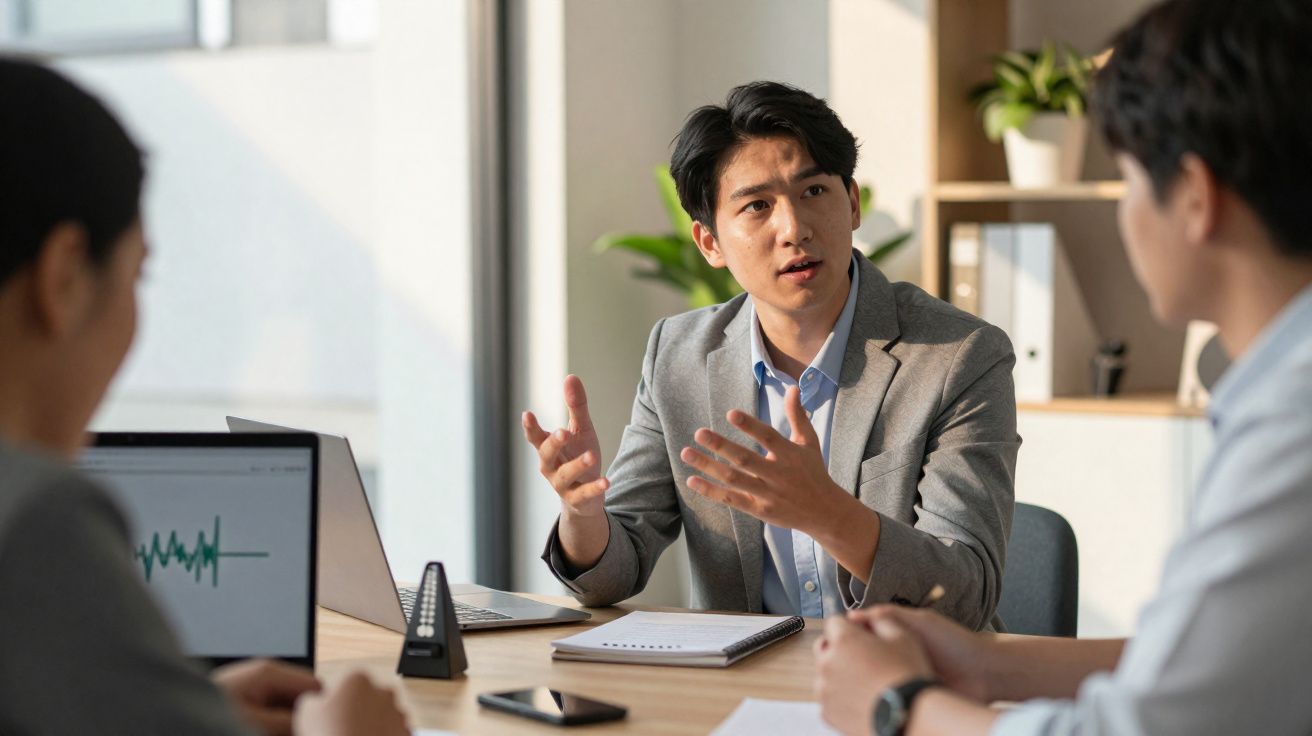Homem de negócios fala enquanto dois colegas ouvem durante reunião com gráficos num escritório moderno.