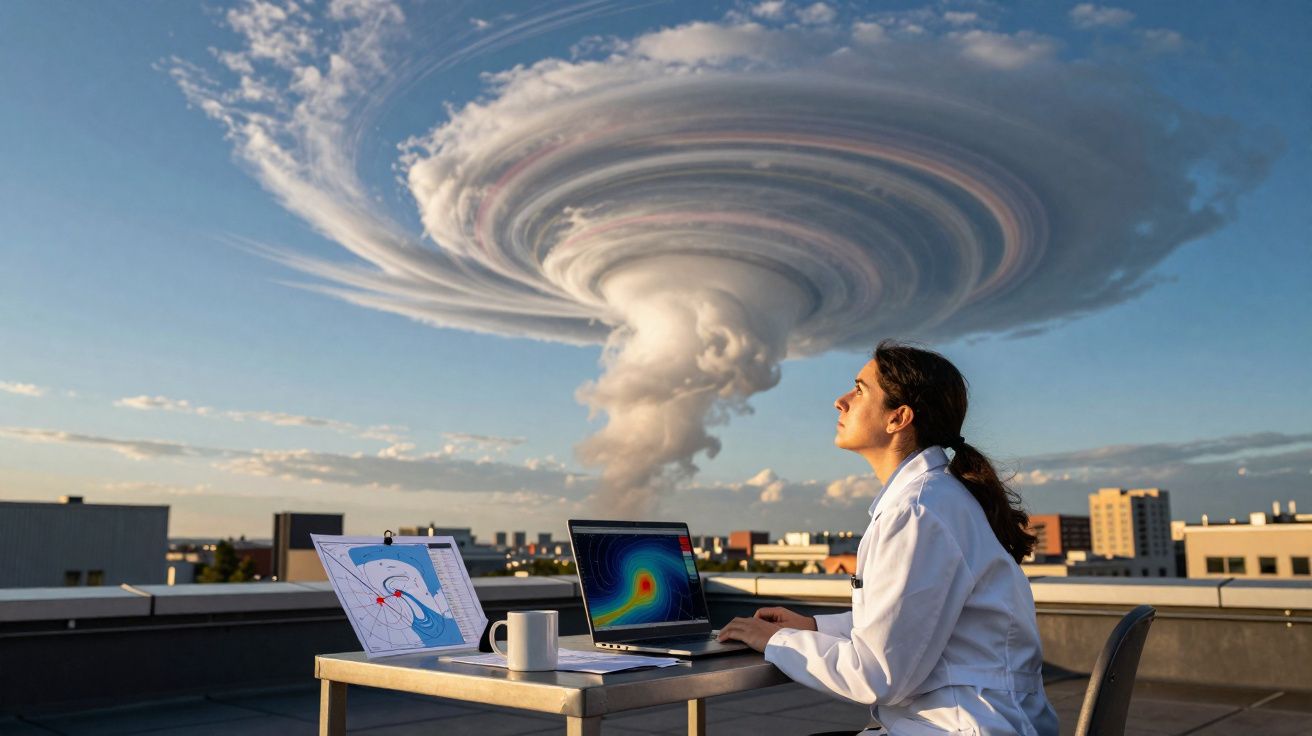 Mulher cientista observa nuvem em espiral no céu enquanto trabalha em laptop e desenhos meteorológicos ao ar livre.