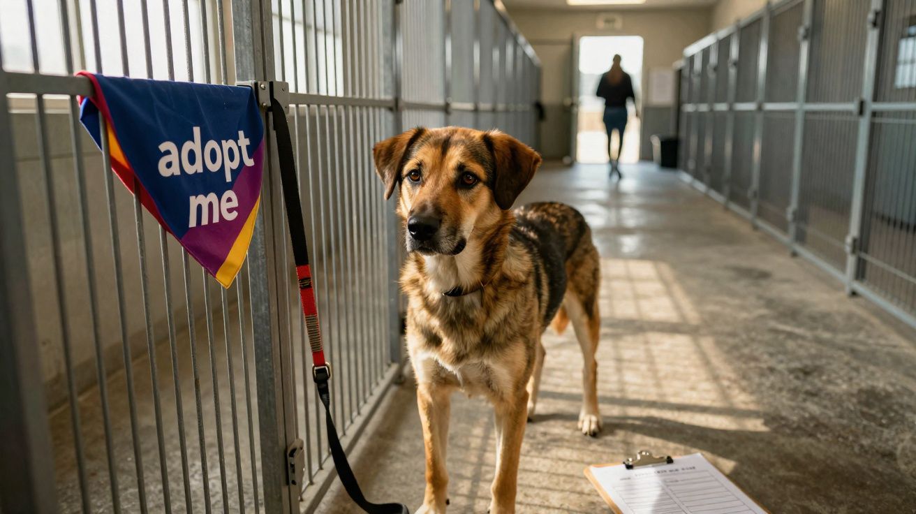 Cão castanho na coleira num canil com placa a pedir para ser adotado e pessoa ao fundo.